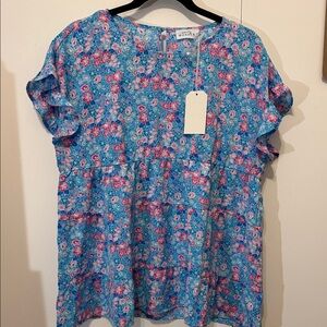 New Look Blue and Pink Floral Blouse